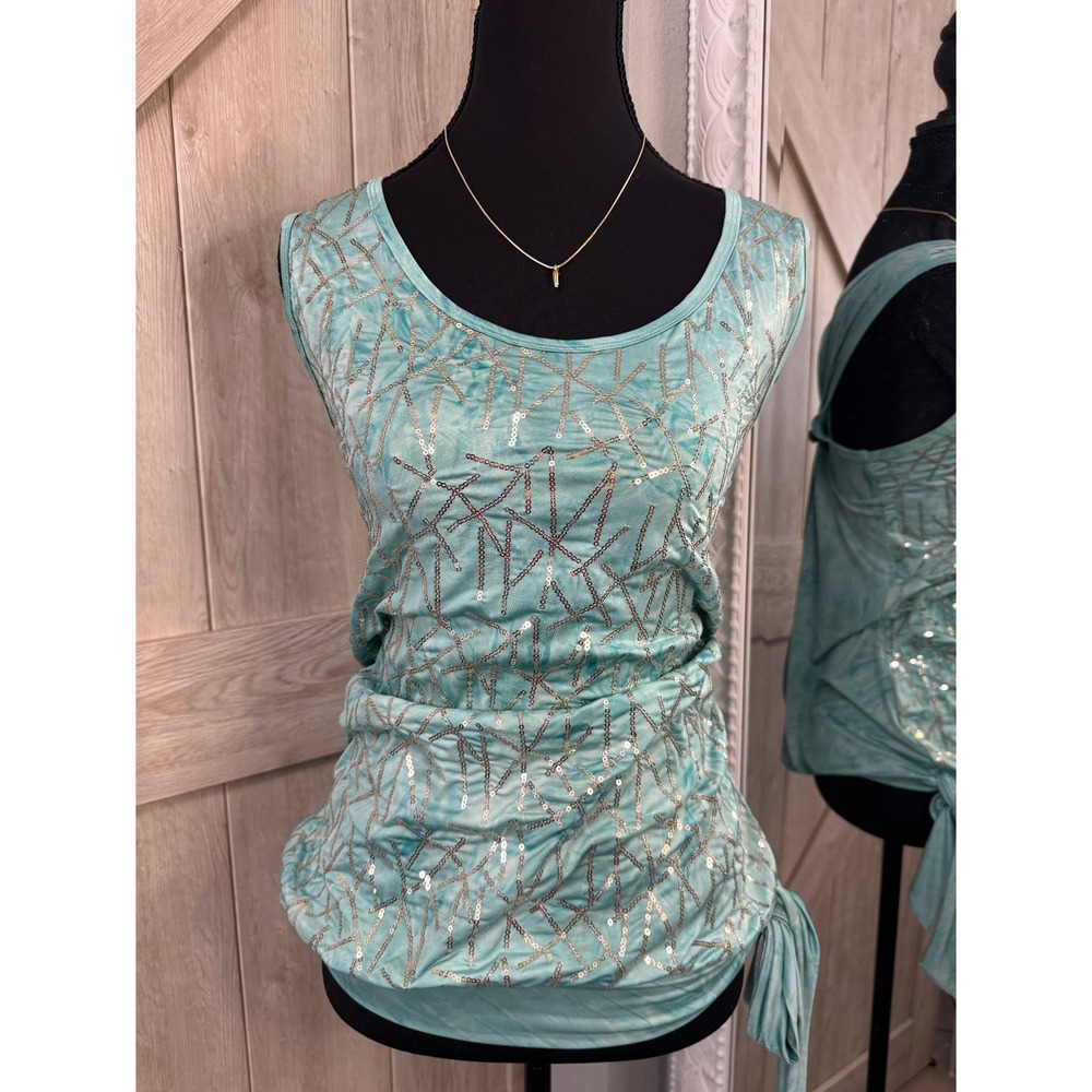 VTG Only Nine Aqua Sequin Tank Top Sleeveless Side Tie Blouse Size L